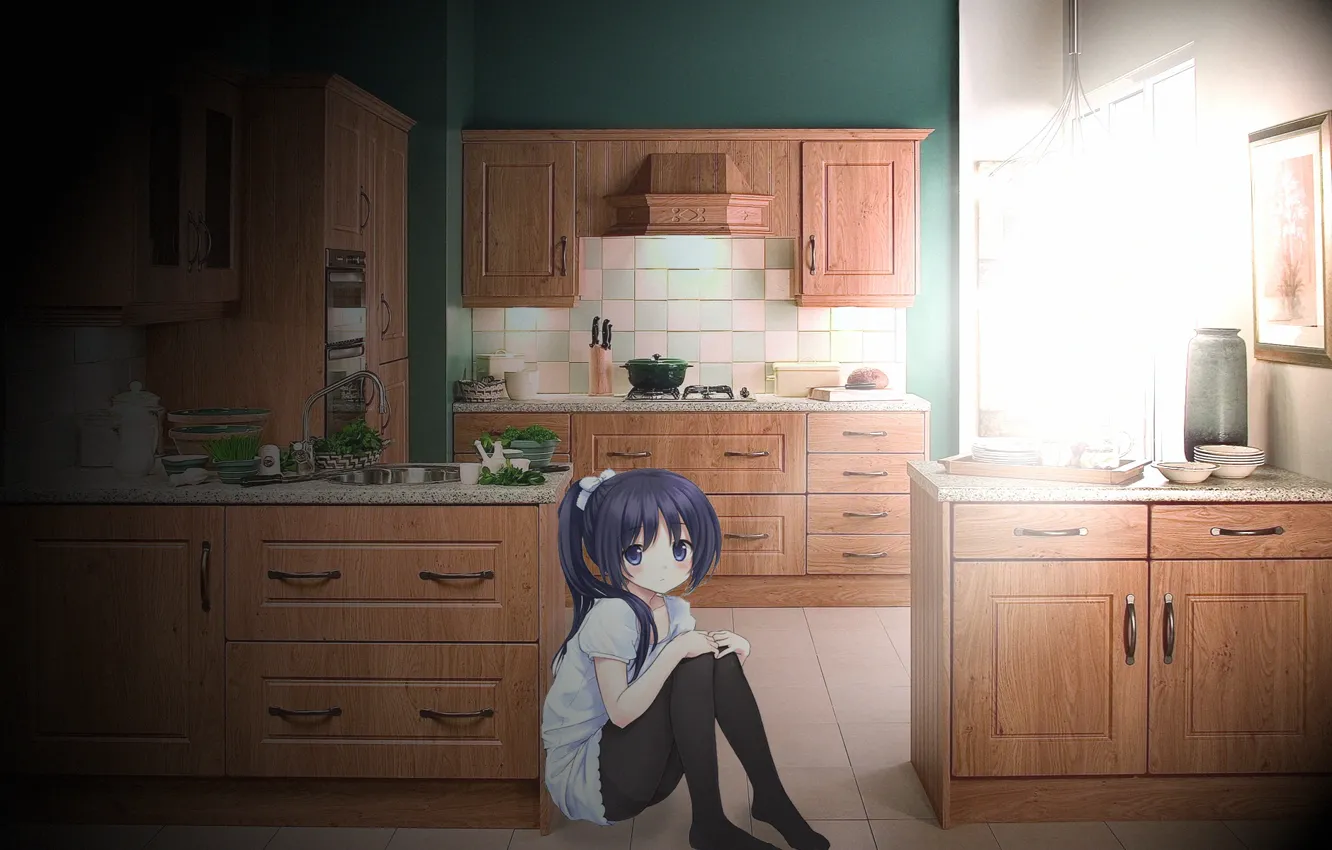 Фото обои девушка, утро, кухня, лучи солнца, anime, тян, аниме тяночка, утро на кухне
