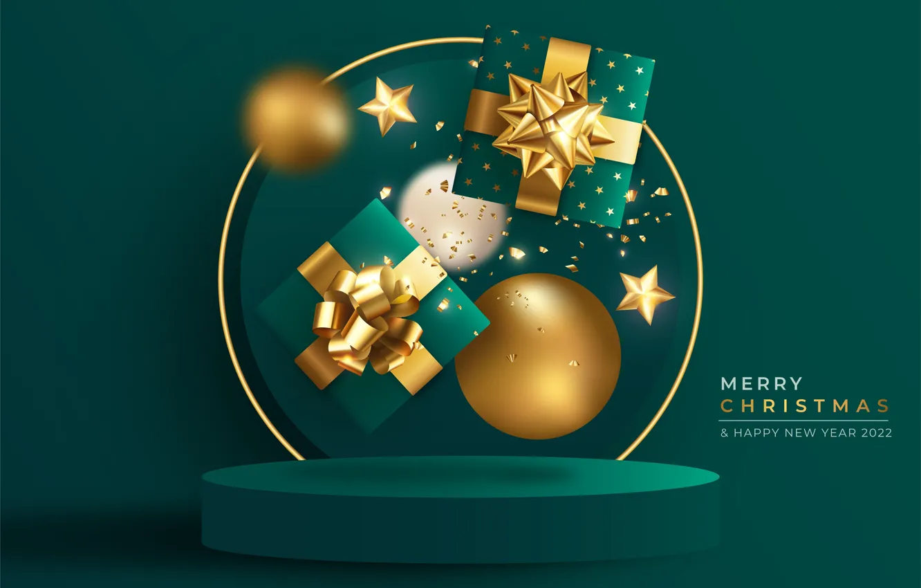 Фото обои шарики, шары, Рождество, подарки, Новый год, звёздочки, зелёный фон
