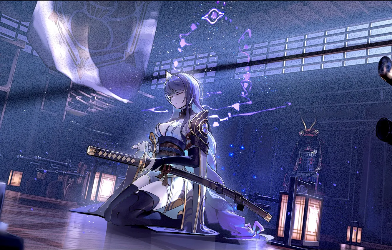Фото обои girl, sword, fantasy, armor, katana, samurai, weapons, digital art