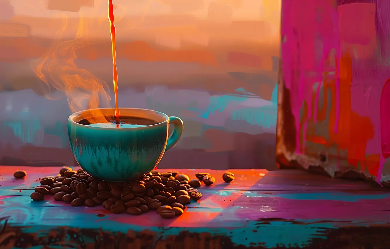 Фото обои colorful, cup, coffee, illustration, AI art