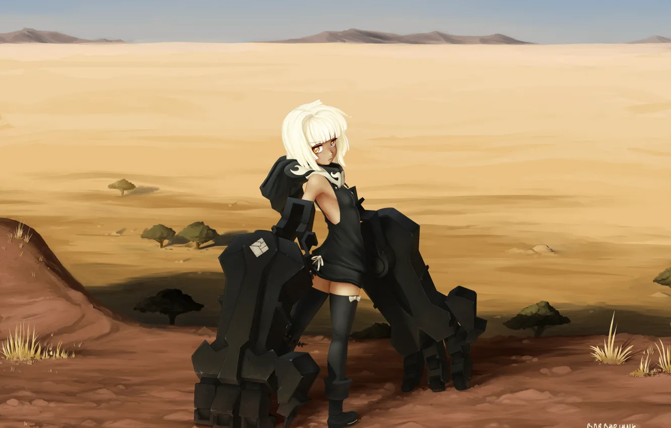 Фото обои песок, девушка, металл, оружие, пустыня, чулки, руки, арт