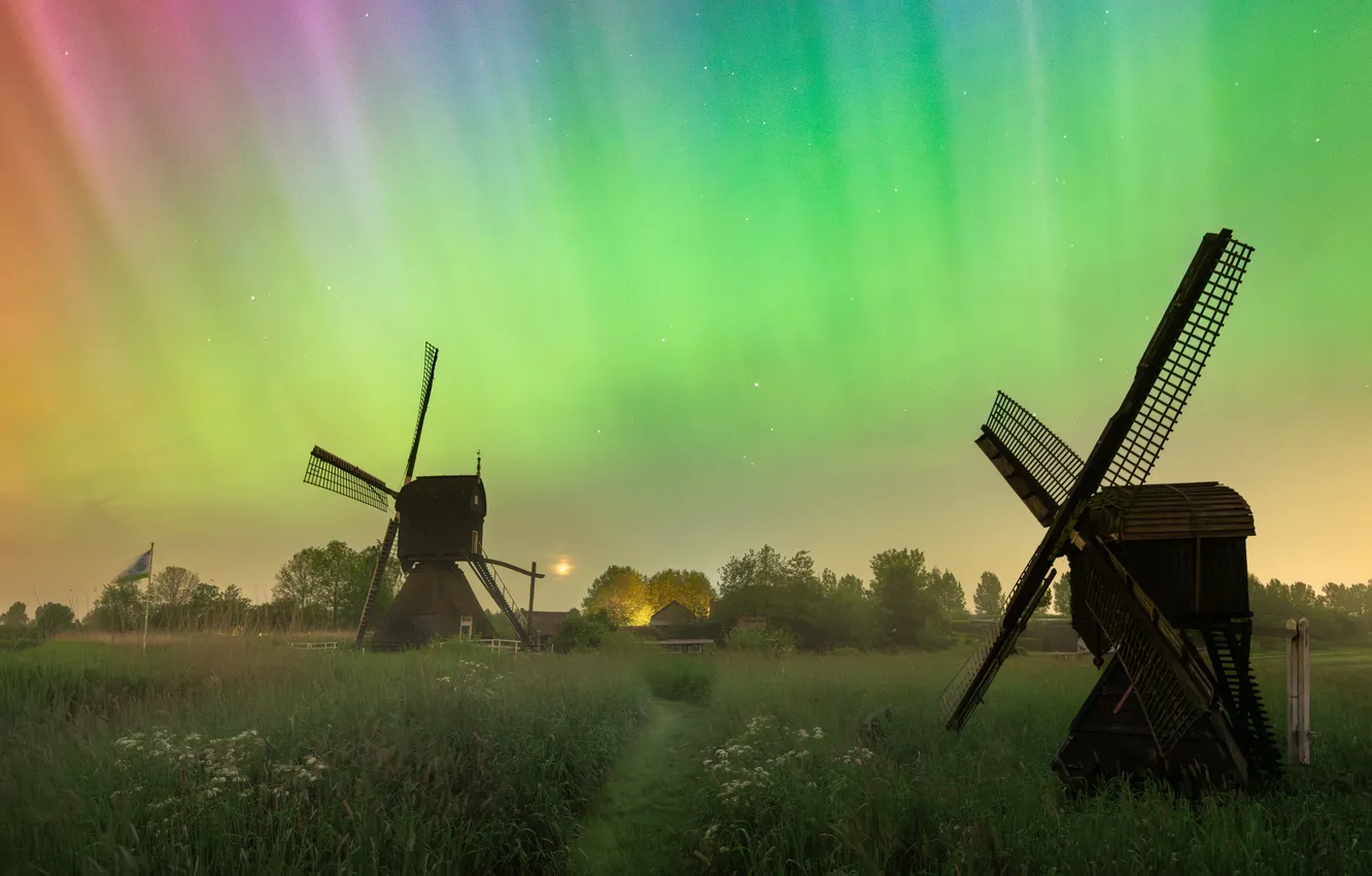Фото обои Природа, Красота, Nature, Aurora Borealis, Northern Lights, Countryside, Windmill, Colorful Sky