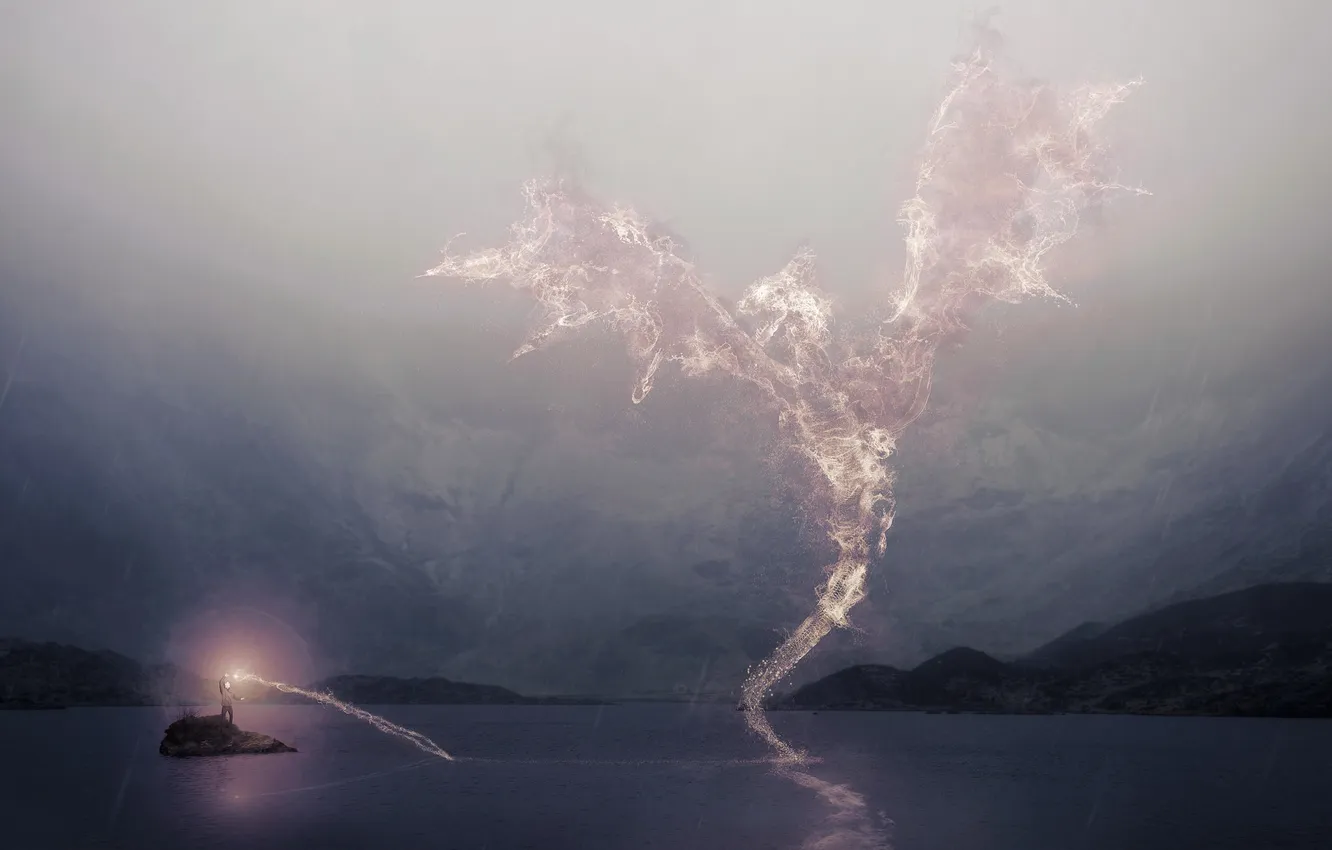 Фото обои озеро, дракон, человек