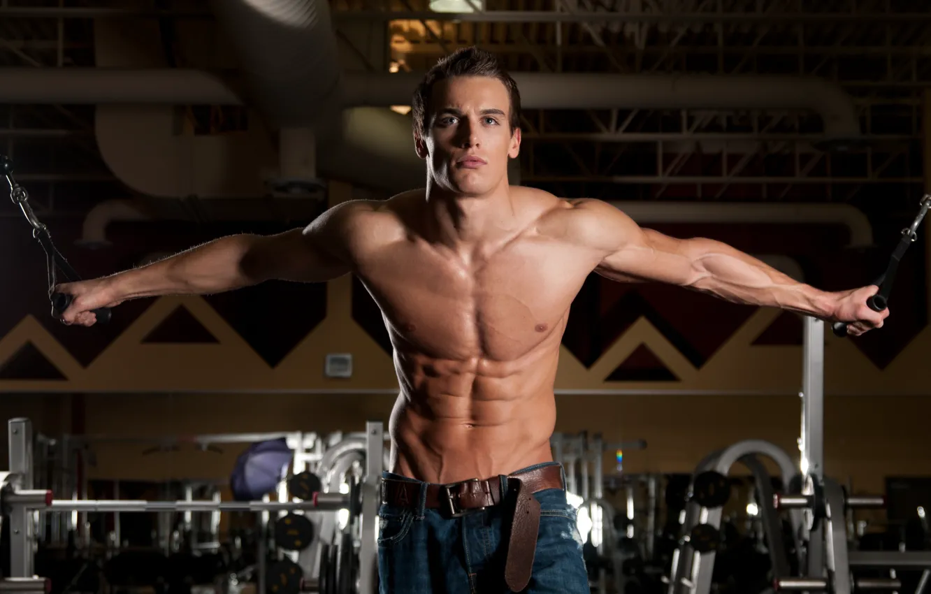 Фото обои взгляд, поза, джинсы, фитнес, muscle, мышцы, пресс, атлет