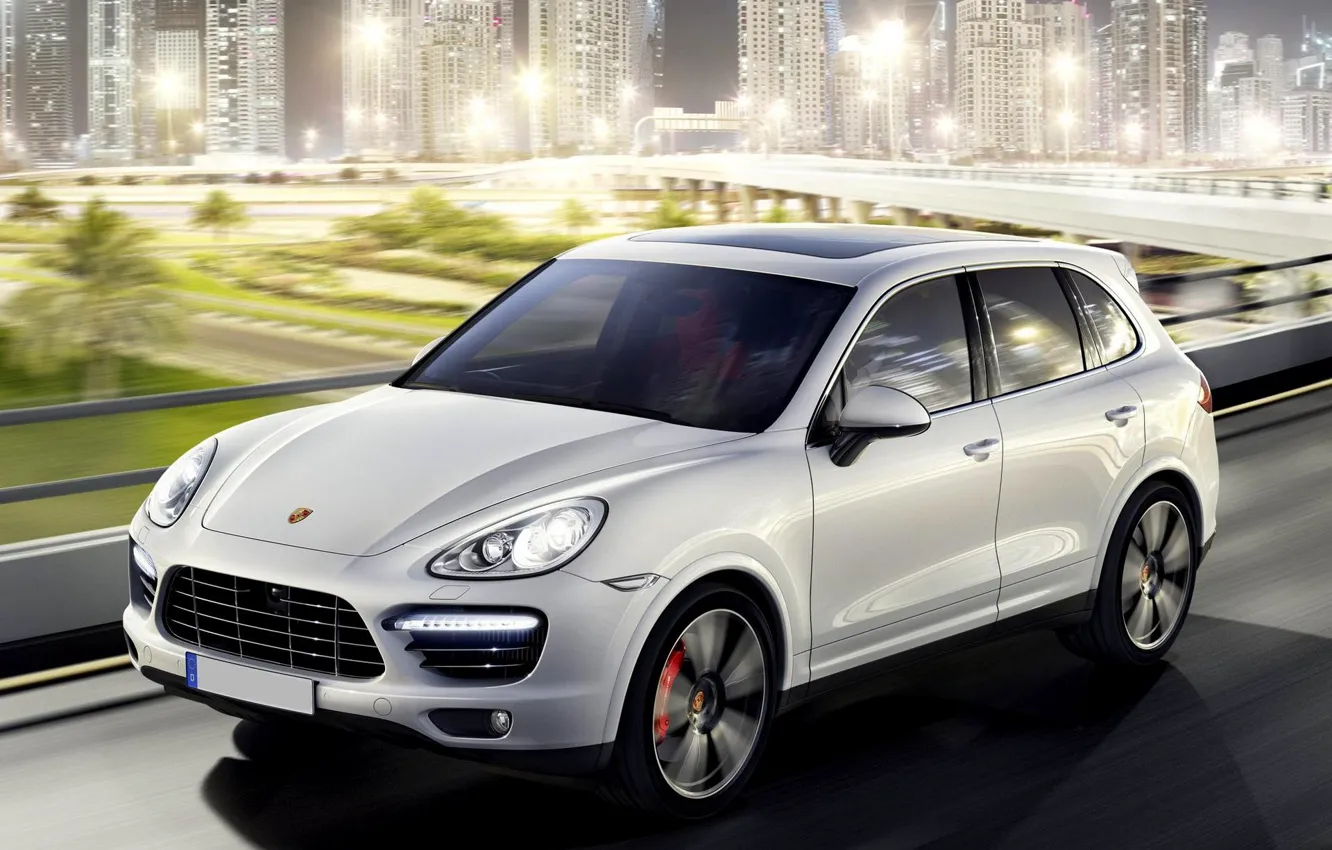 Фото обои Огни, Ночь, Скорость, Высотки, Light, Красиво, Porsche Cayenne, Car