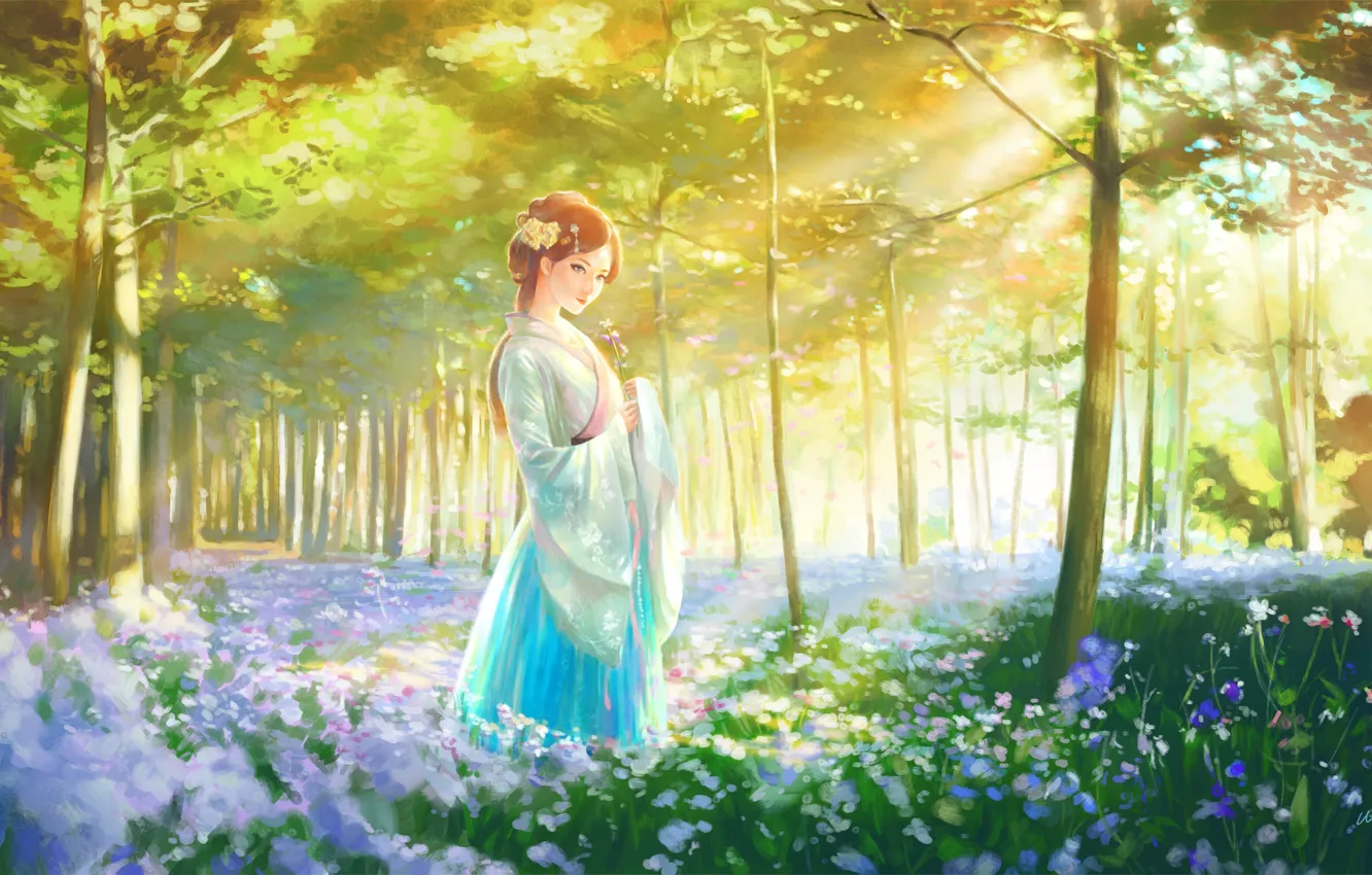Фото обои лето, девушка, свет, поляна, кимоно, цветочки, опушка леса