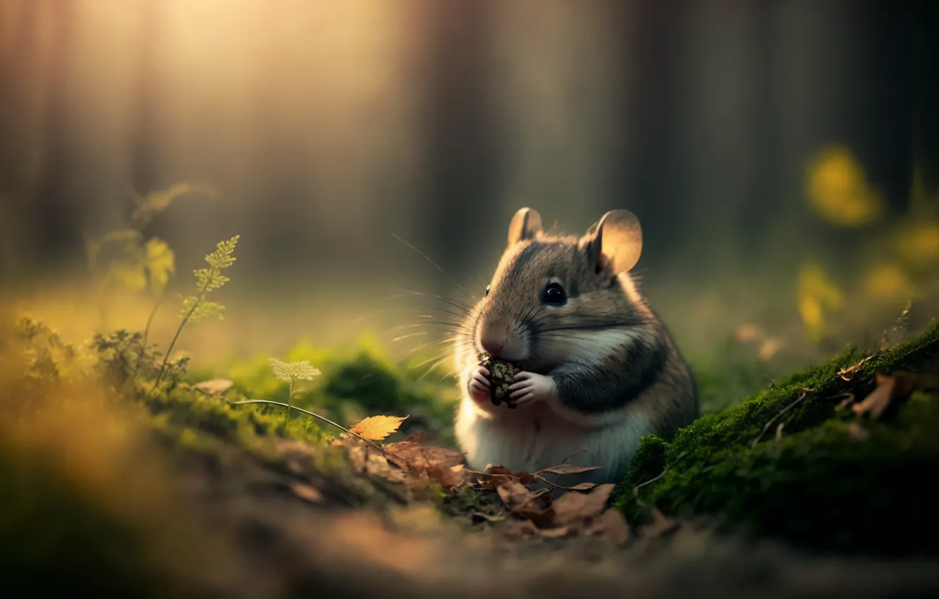 Фото обои animals, mice, eating, moss, depth of field