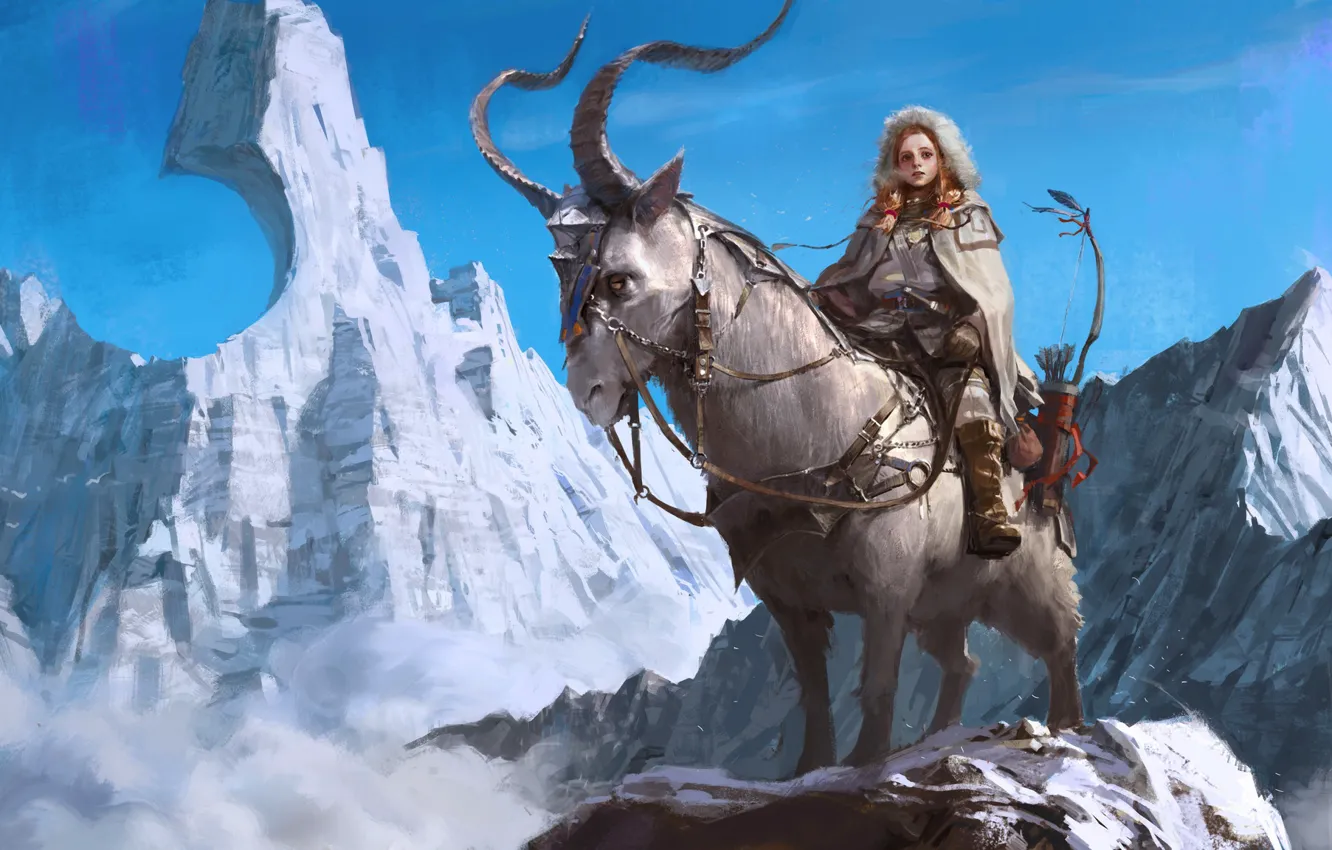 Фото обои снег, горы, вершины, fantasy, охотница, пик, Illustrator, 7890m