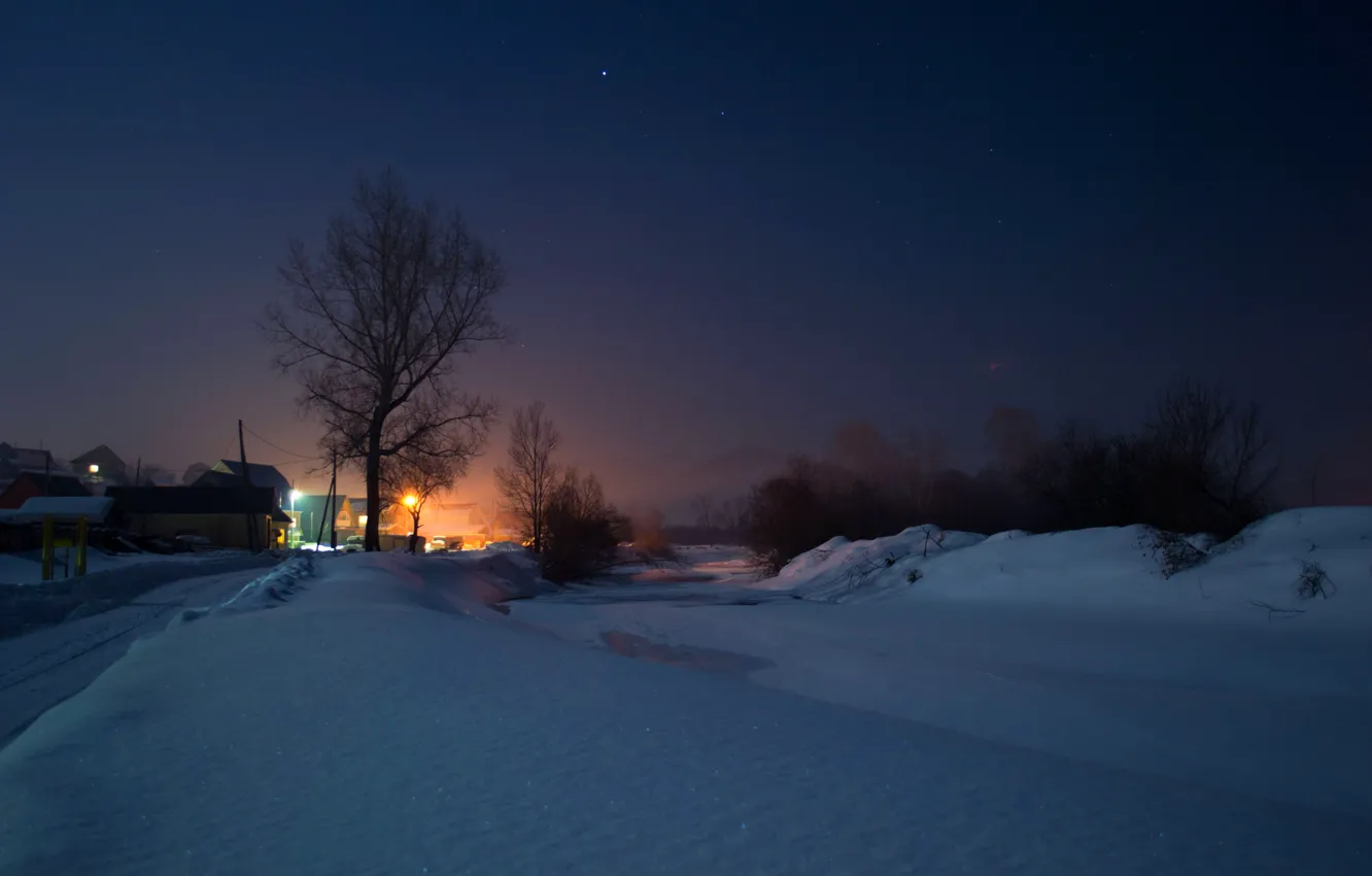 Фото обои зима, река, Снег, ночь.