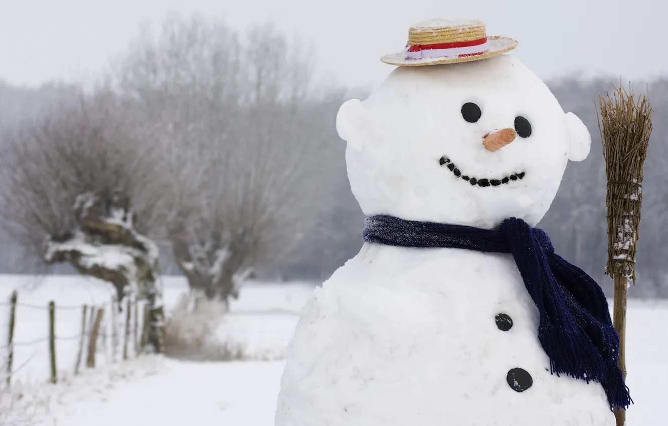 Фото обои зима, улыбка, шарф, снеговик, шляпка, метла, 1920x1080