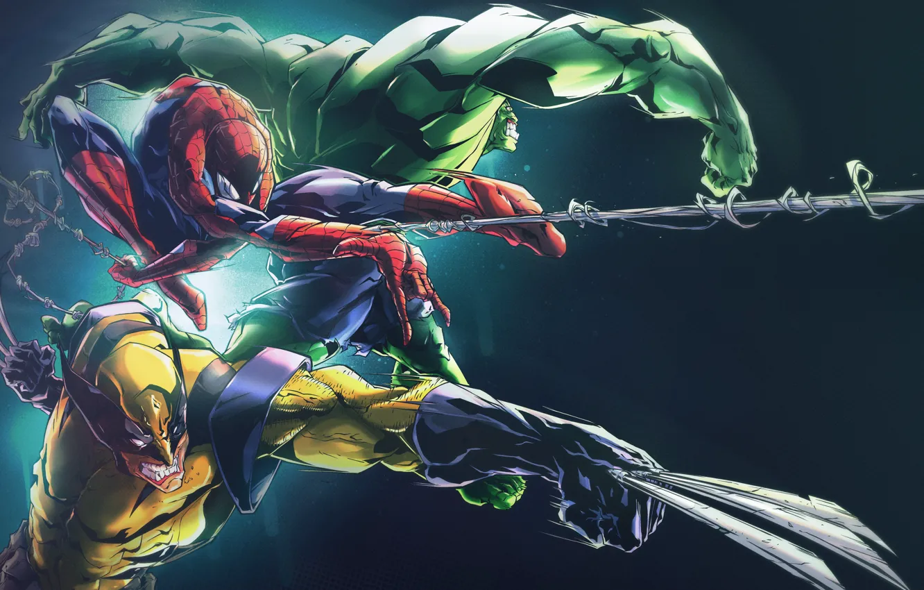 Фото обои паутина, арт, Росомаха, Халк, Wolverine, Человек паук