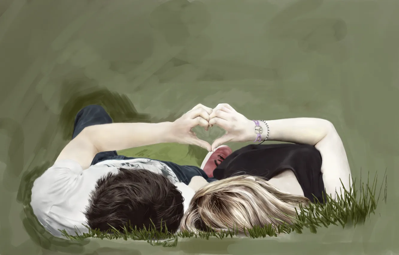 Фото обои трава, девушка, любовь, сердце, руки, арт, пара, парень