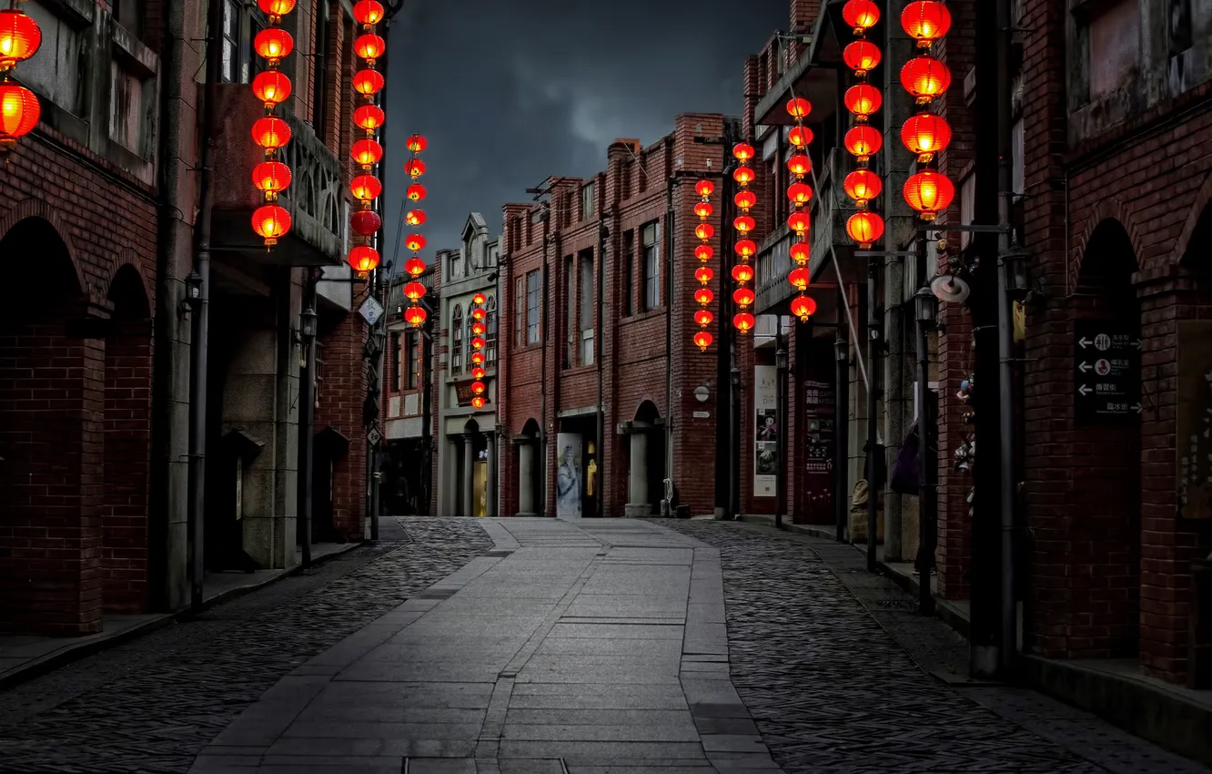 Фото обои улица, Тайвань, сумерки, светильники