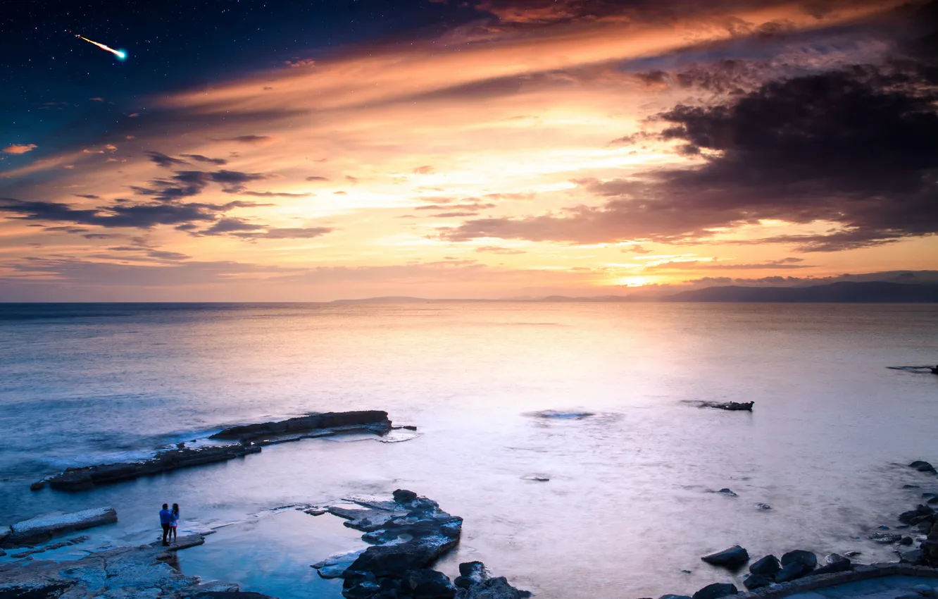 Фото обои море, пейзаж, закат, встреча, комета