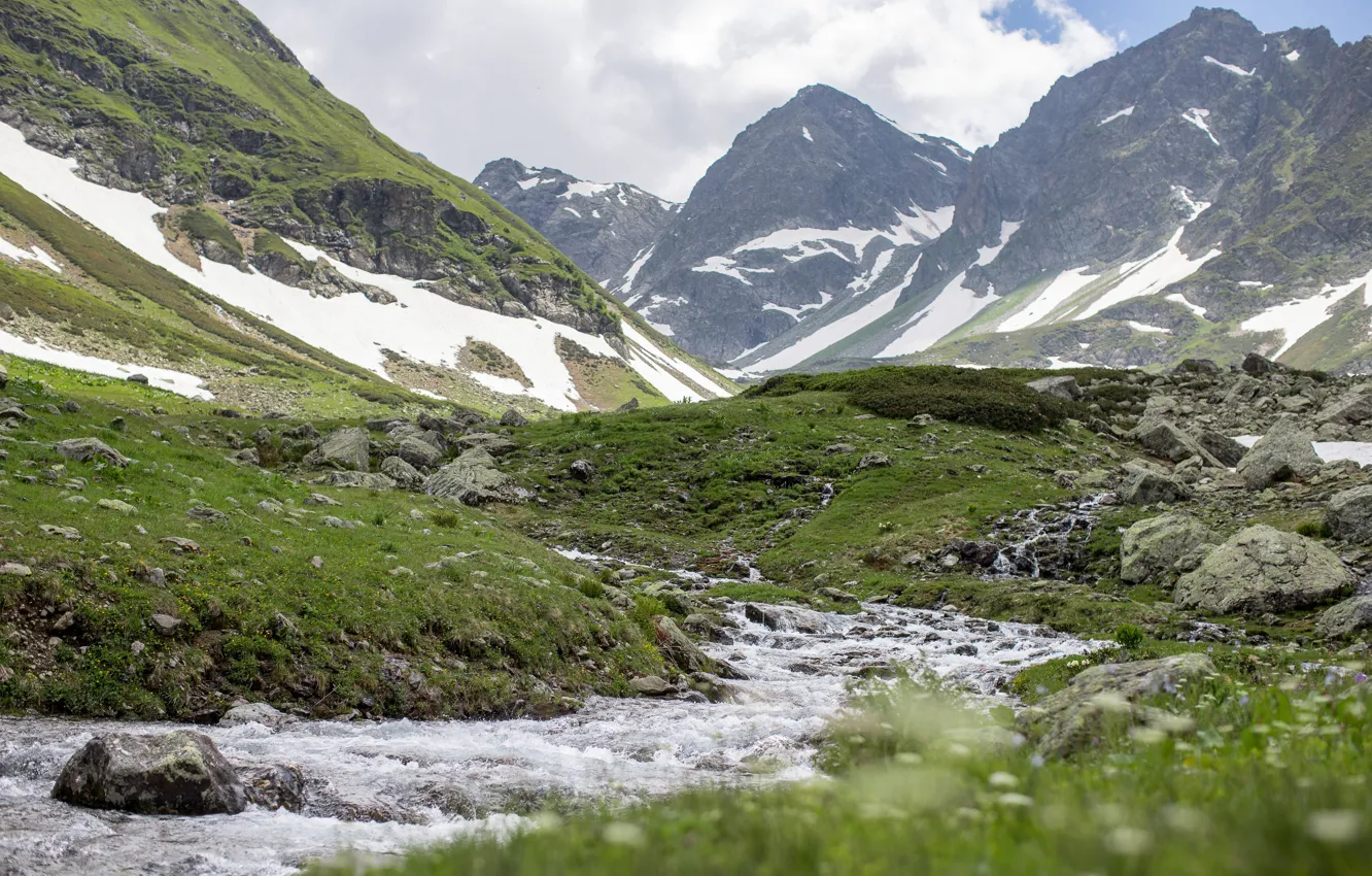 Фото обои горы, горная река, кавказ, архыз, лето в горах, альпийские луга, дукка