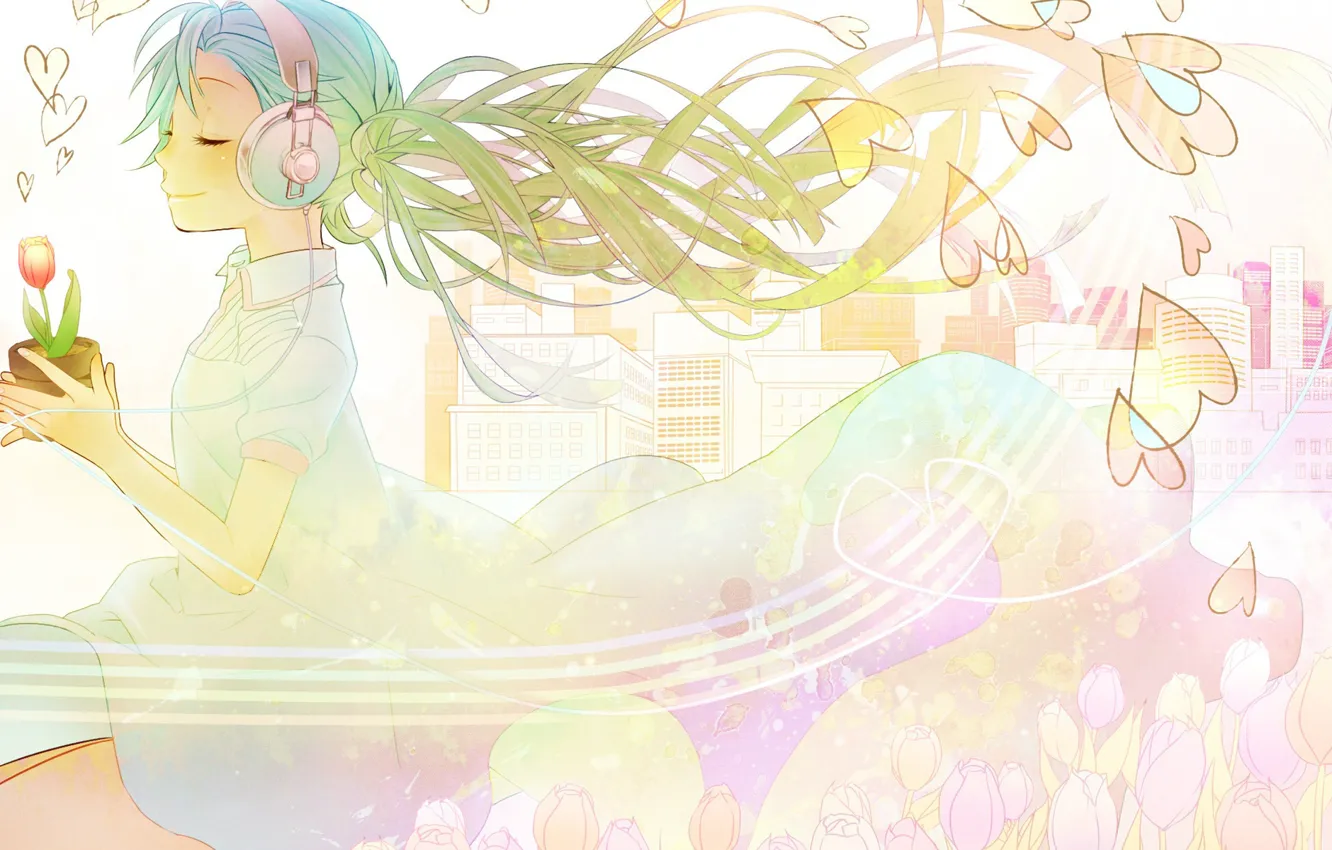 Фото обои тюльпан, наушники, сердечки, vocaloid, Hatsune Miku, белое платье, вокалоид, голубые волосы
