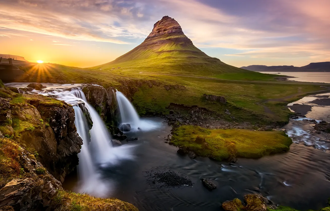 Фото обои солнце, река, скалы, гора, водопады, Исланди