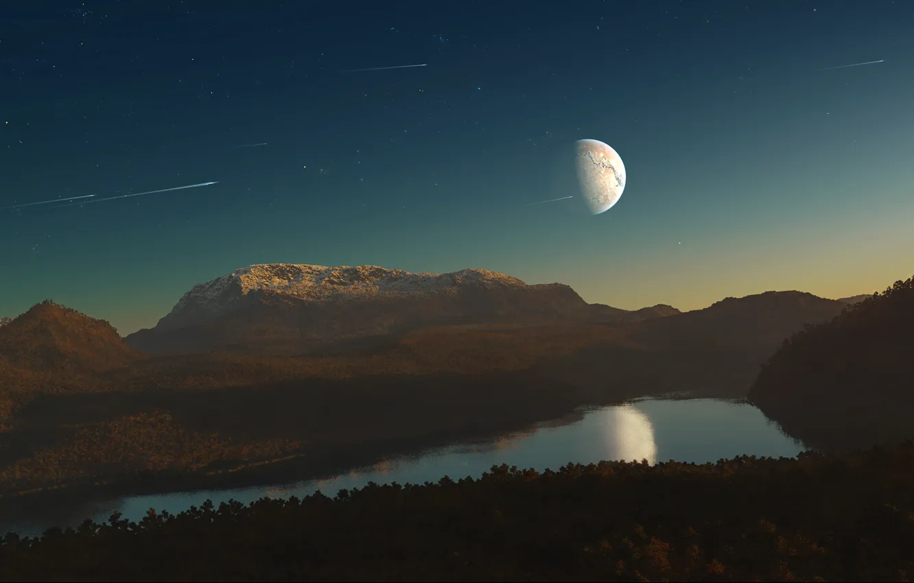 Фото обои лес, небо, река, планета, спутник, кометы, метеоры