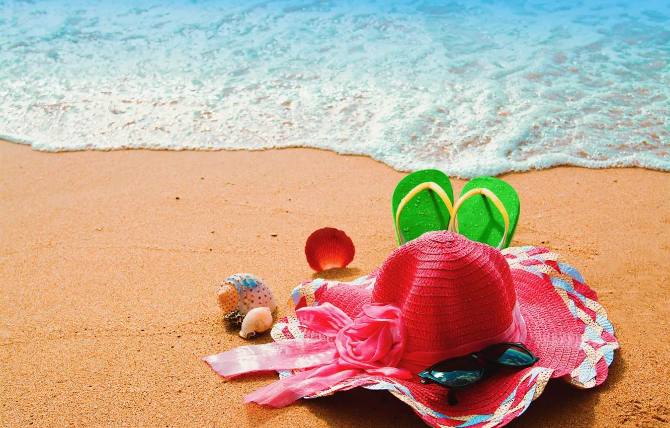 Фото обои море, пляж, отдых, шляпа, сланцы, бурег