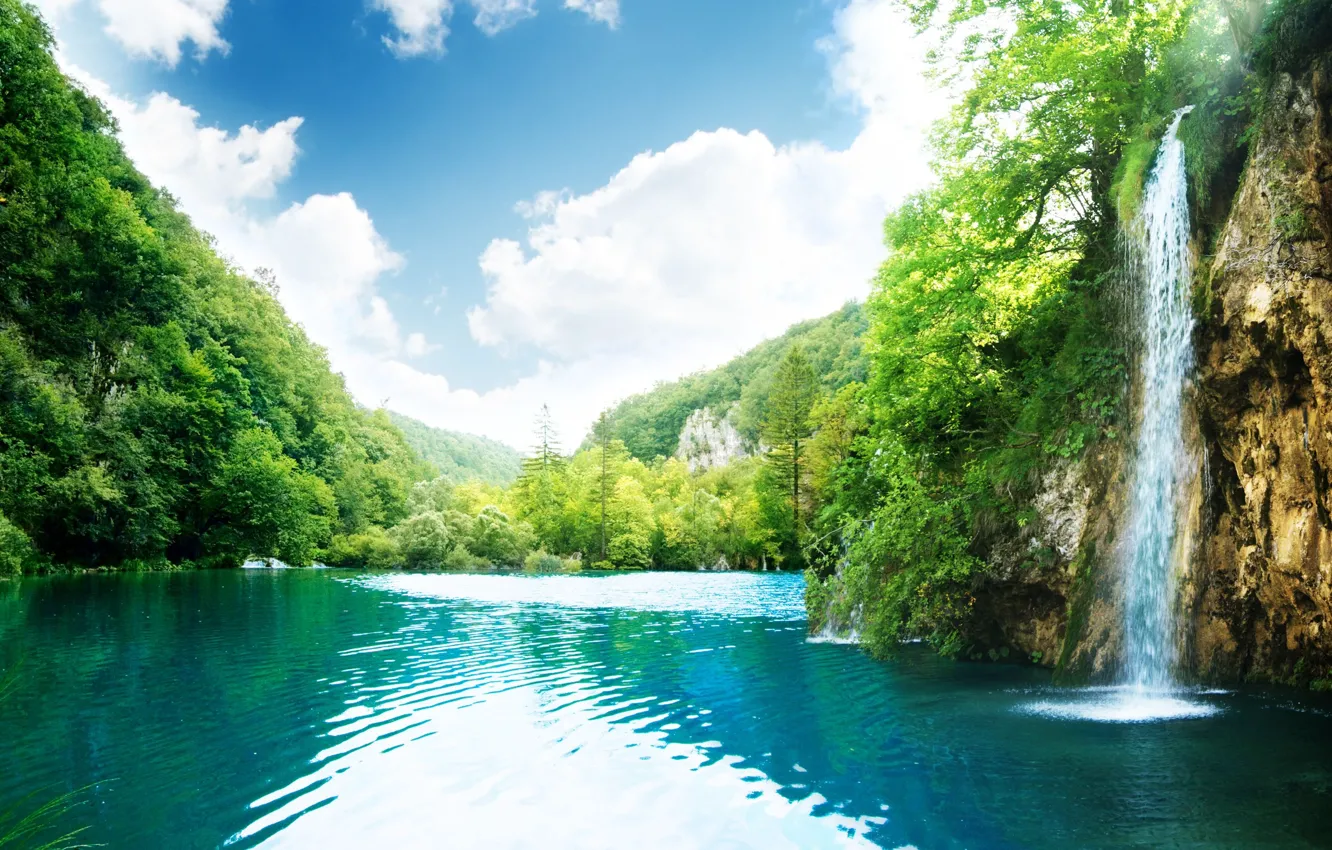 Фото обои горы, место, водопад, лагуна, голубая, райское, Perfect waterfall