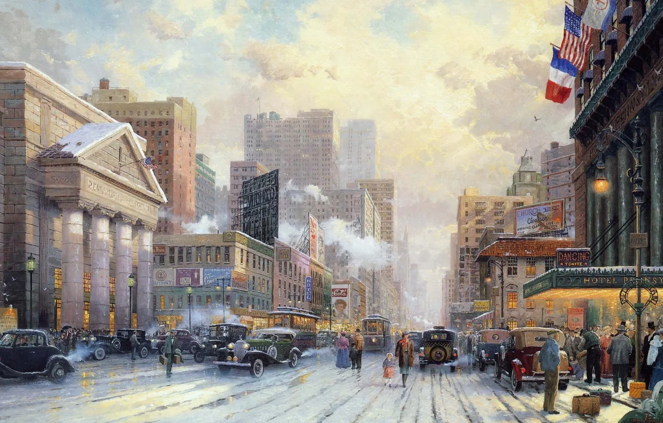 Фото обои зима, авто, рисунок, здания, Нью-Йорк, 20 век