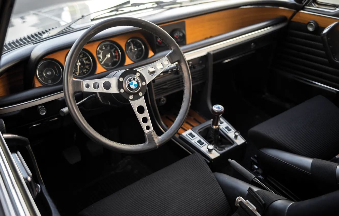 Фото обои BMW, logo, 1973, steering wheel, BMW 3.0 CSL, car interior, E9