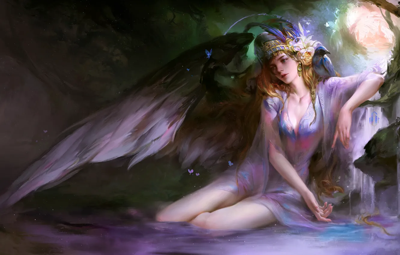 Фото обои Девушка, крылья, ангел, фэнтези, сидит