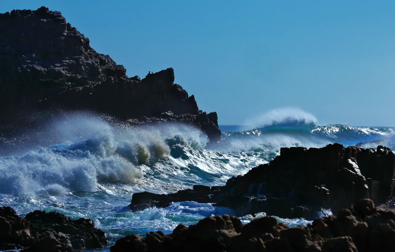 Фото обои море, волны, небо, шторм, скалы, день, waves, storm