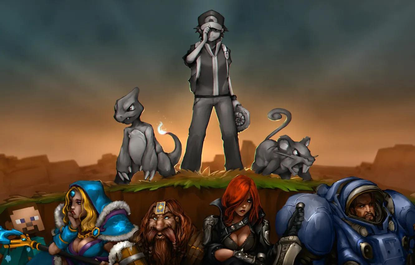 Фото обои crossover, minecraft, Pokemon, StarCraft, Jim Raynor, characters, Charmeleon, Rattata
