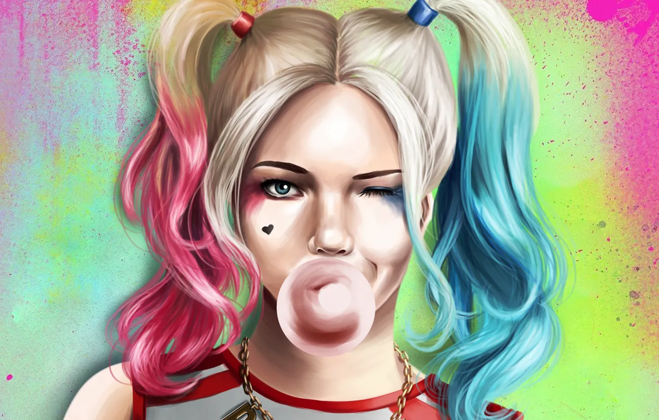 Фото обои взгляд, лицо, арт, хвостики, жвачка, Harley Quinn, Suicide Squad