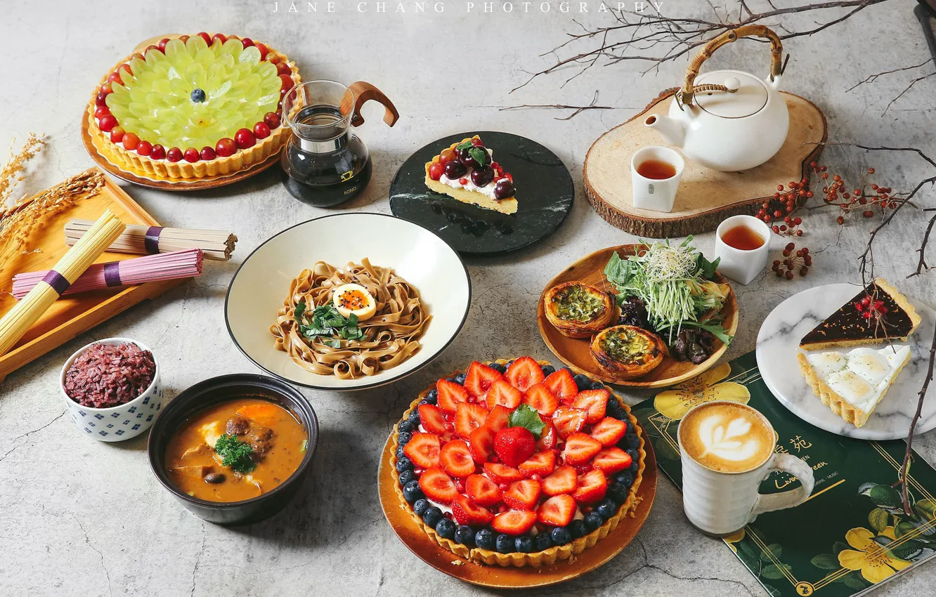 Фото обои ягоды, чай, кофе, суп, торт, рис, овощи, блюда