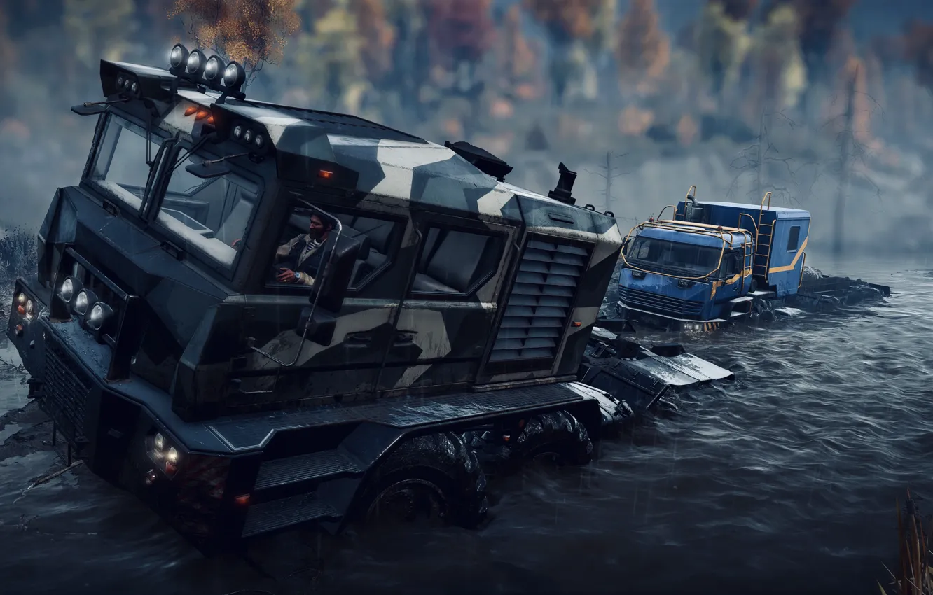 Фото обои HDR, Wood, Tree, Water, Lights, Truck, Game, Mud