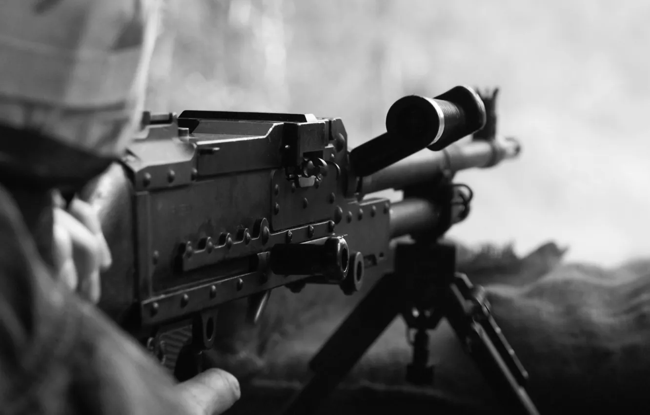 Фото обои soldier, machine gun, white and black, firearm
