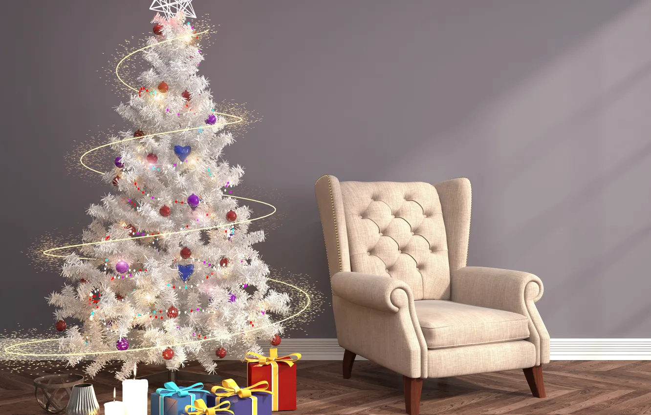 Фото обои шарики, игрушки, кресло, свечи, Новый Год, подарки, ёлка, гирлянда