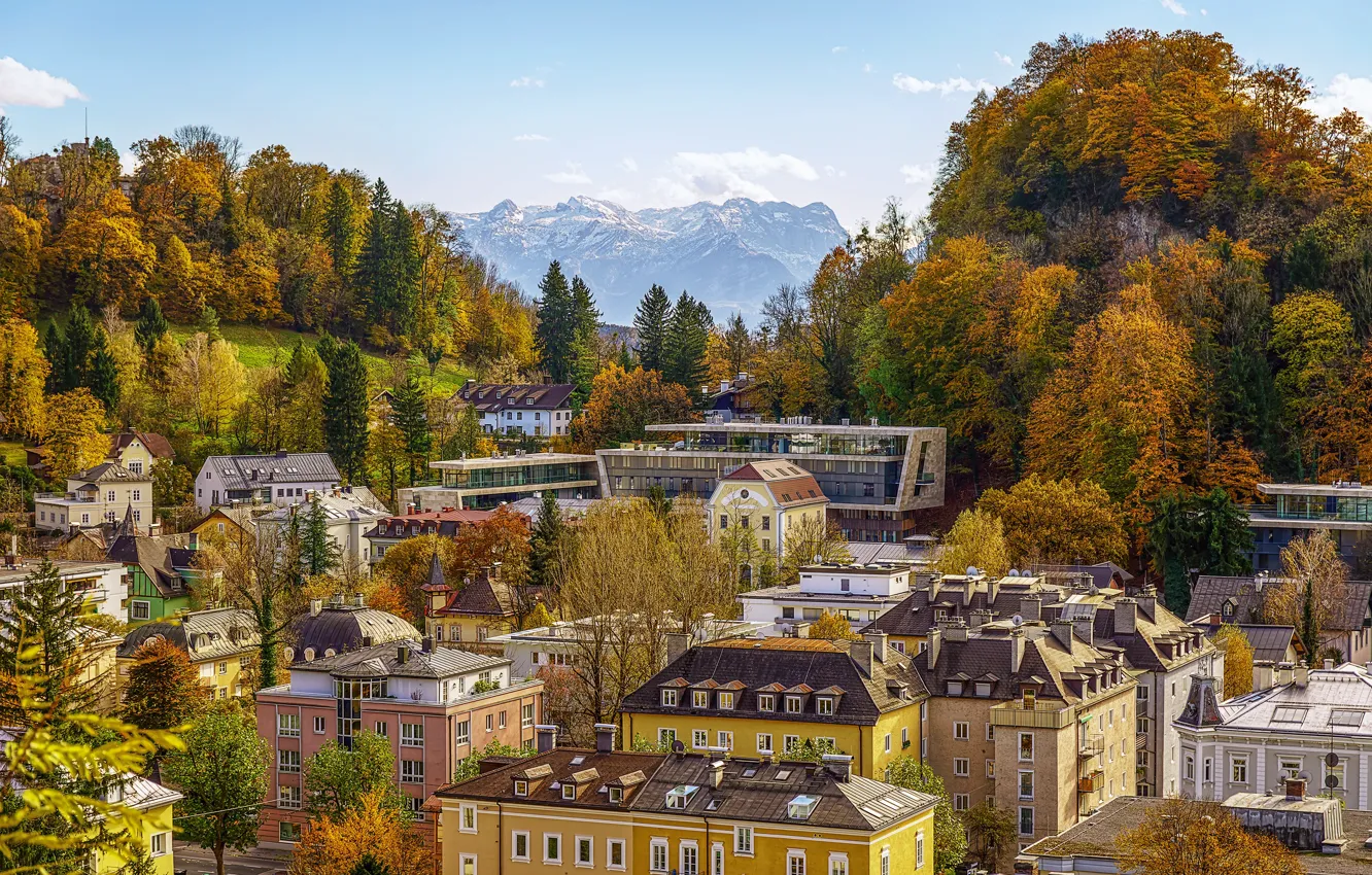 Фото обои осень, горы, дома, Австрия, панорама, улицы, Austria, Salzburg