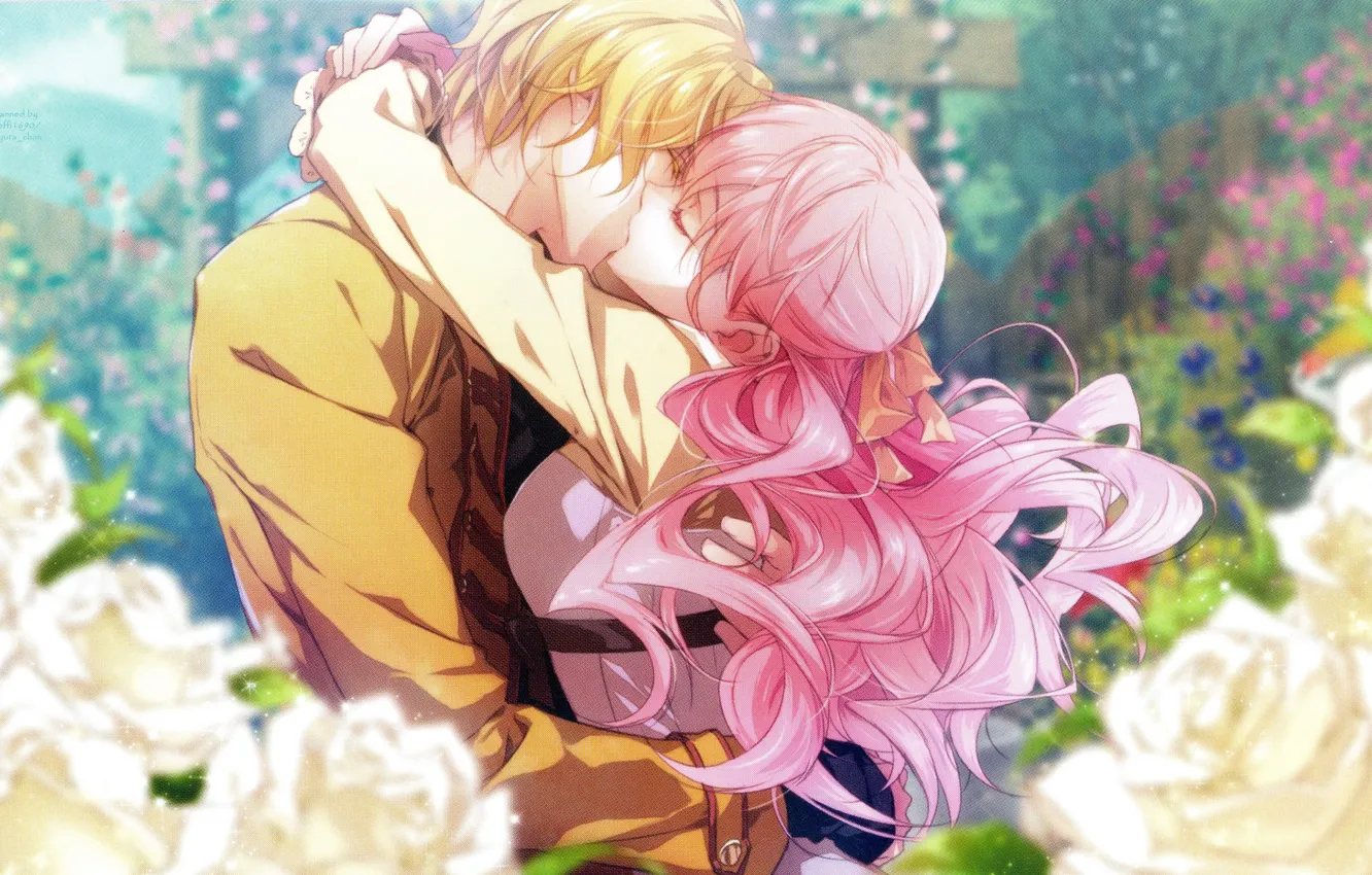 Фото обои романтика, поцелуй, объятия, розовые волосы, wand of fortune, lulu, visual novel, в саду