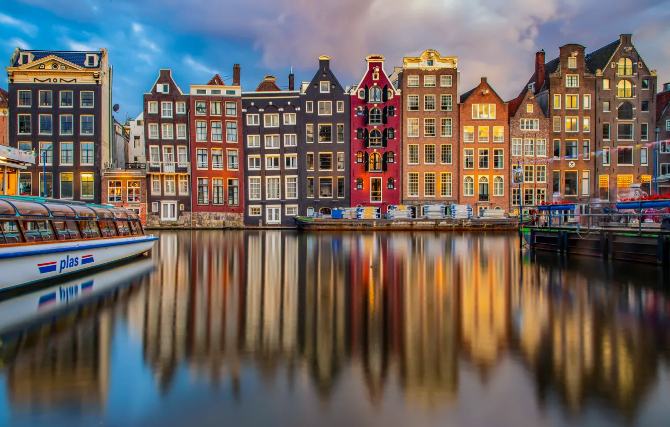 Фото обои отражение, здания, дома, Амстердам, канал, Нидерланды, Amsterdam, теплоход