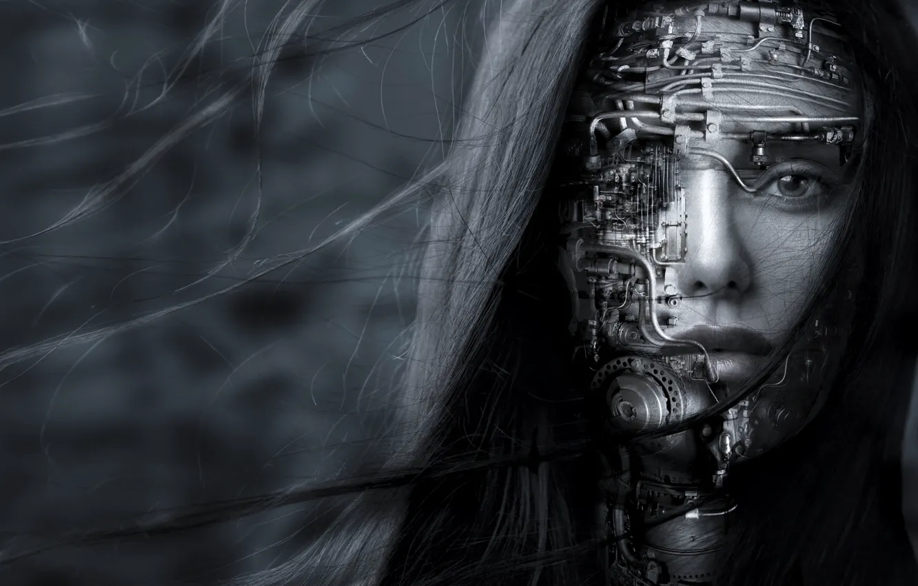 Фото обои взгляд, девушка, лицо, волосы, робот, чёрно-белая, монохром