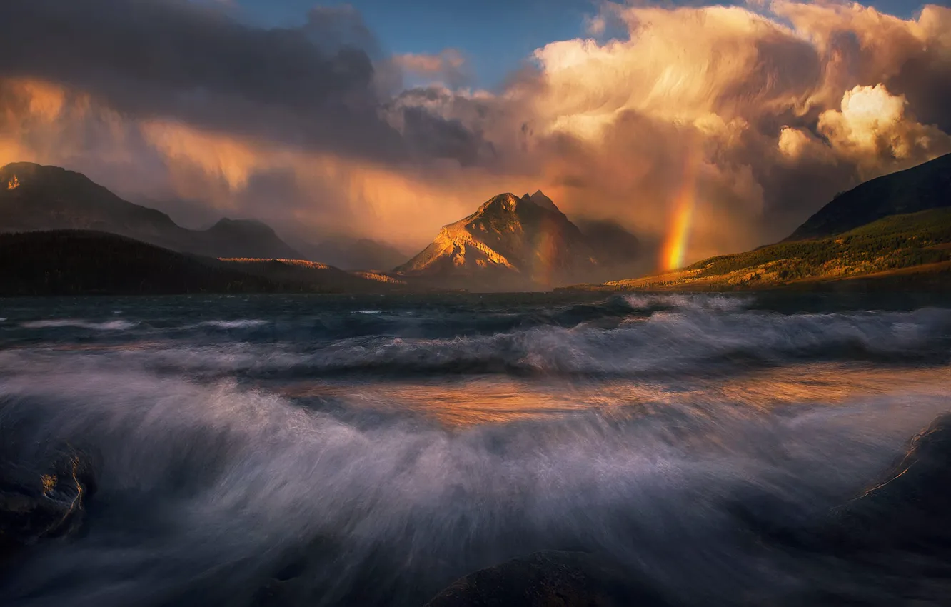Фото обои море, волны, свет, горы, радуга