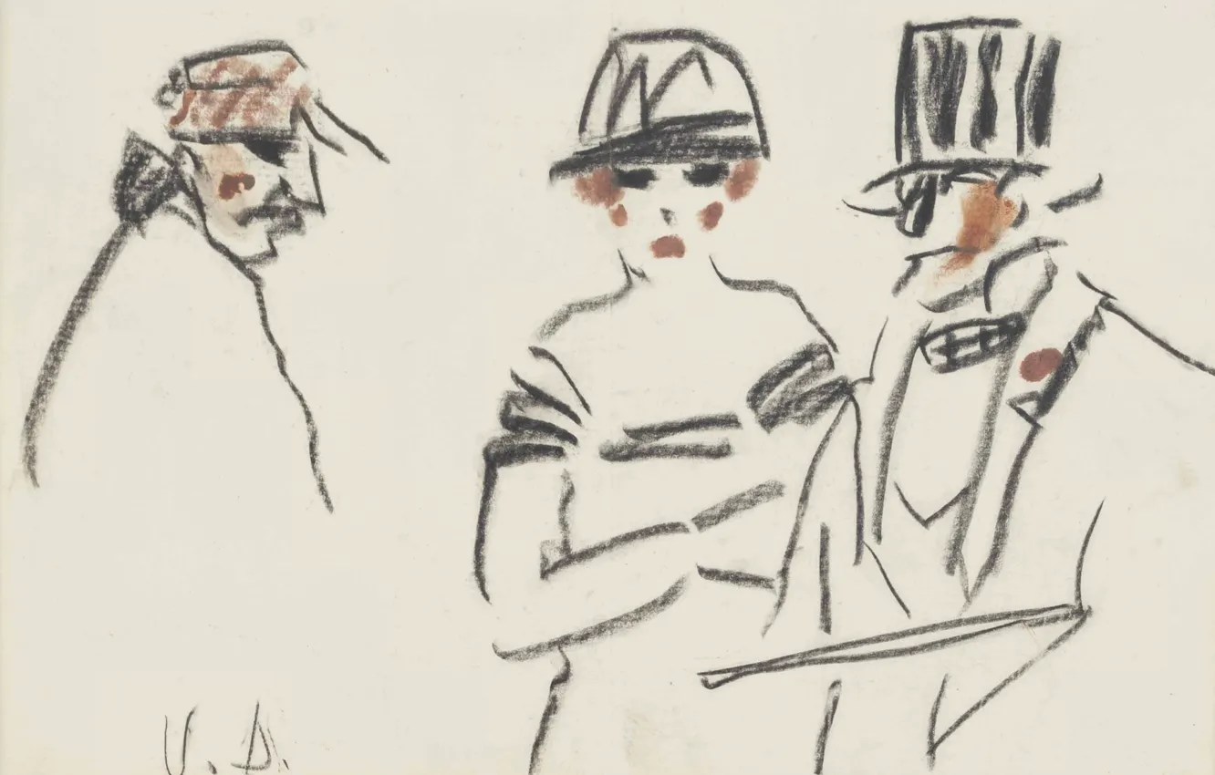 Фото обои бумага, пастель, уголь, цилиндр шляпа, Kees van Dongen, Три персонажа