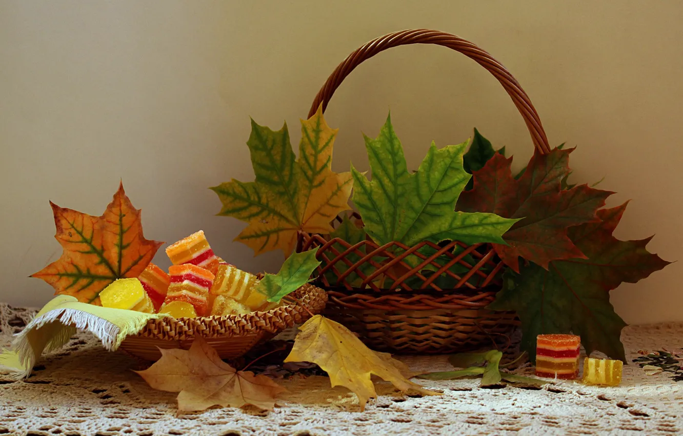 Фото обои осень, листья, корзина, сладости, натюрморт, клен
