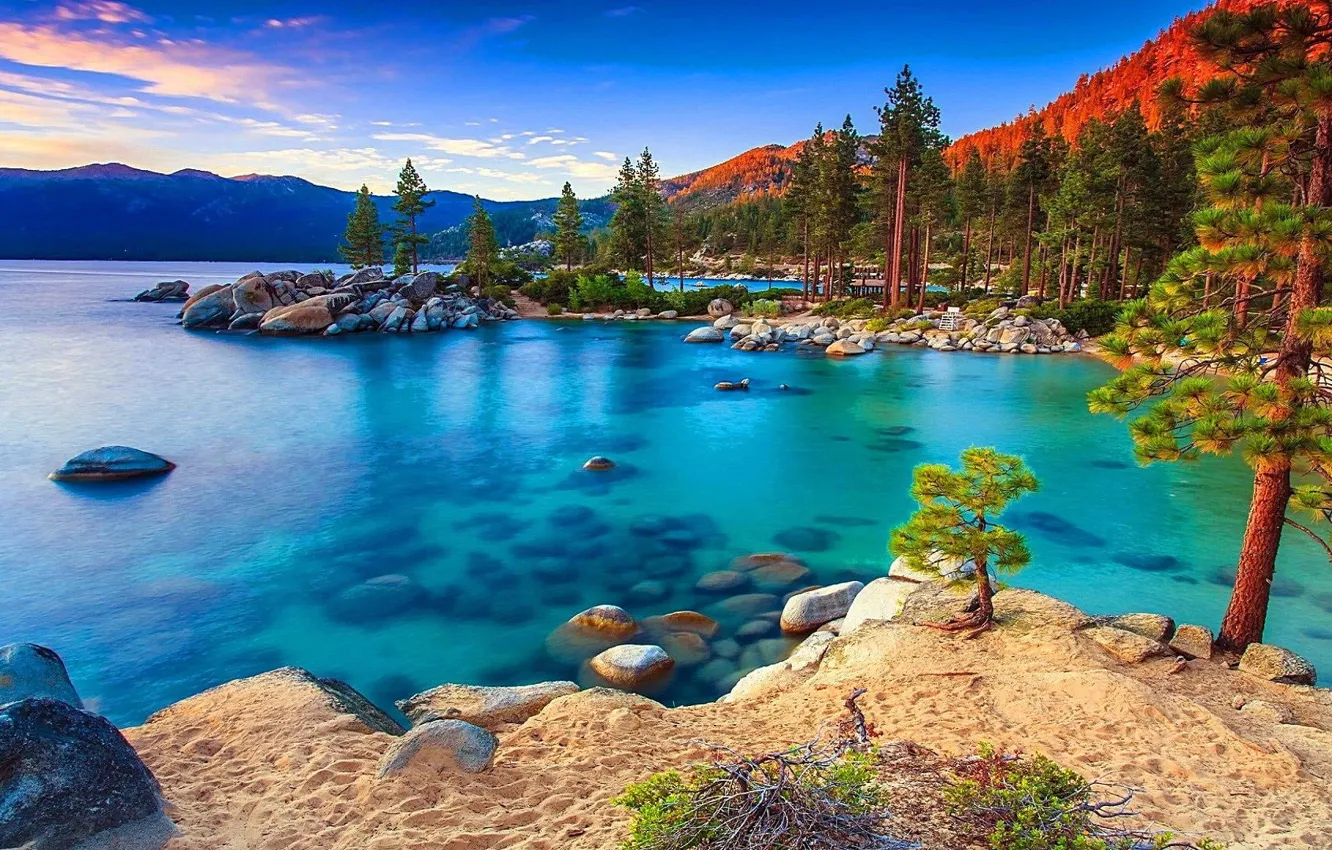 Фото обои небо, вода, деревья, горы, природа, озеро, Невада, Сьерра-Невада