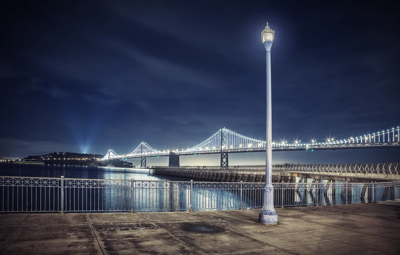 Фото обои ночь, огни, лампа, Калифорния, Bay Bridge, Сан - Франциско