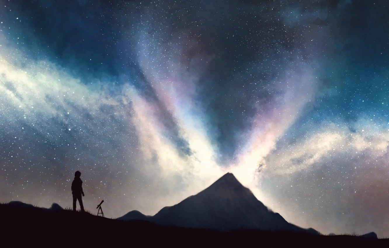 Фото обои небо, горы, ночь, человек, силуэт, фэнтези, телескоп