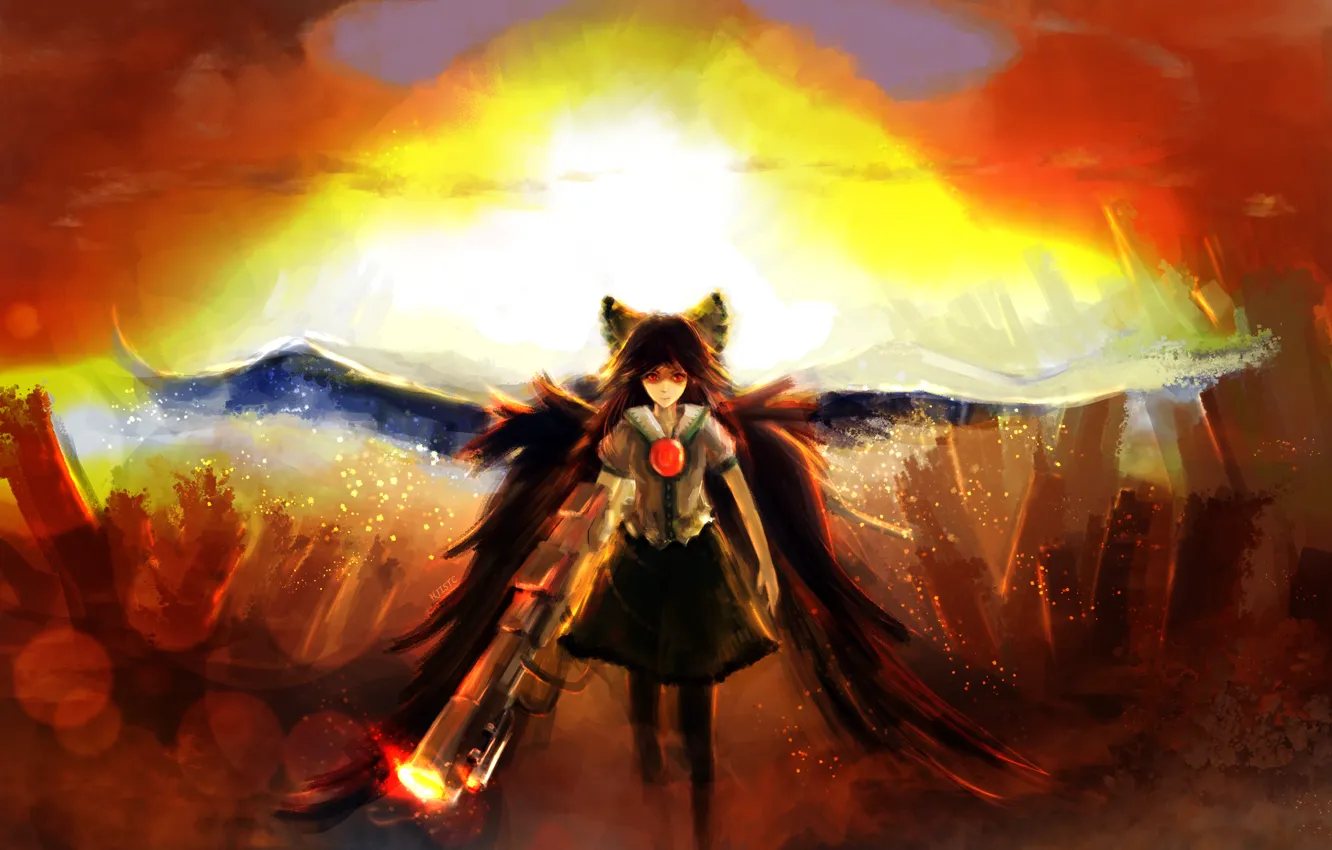 Фото обои девушка, солнце, закат, оружие, крылья, арт, бант, reiuji utsuho