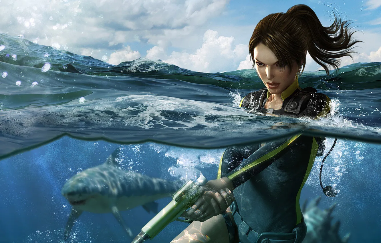 Фото обои девушка, оружие, океан, акула, lara croft, Tomb Raider: Underworld