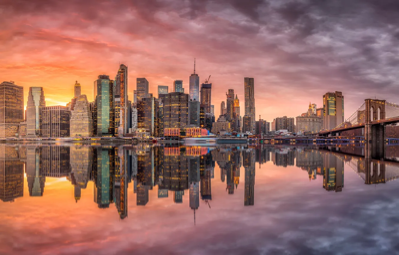 Фото обои отражения, мост, город, здания, США, Нью - Йорк