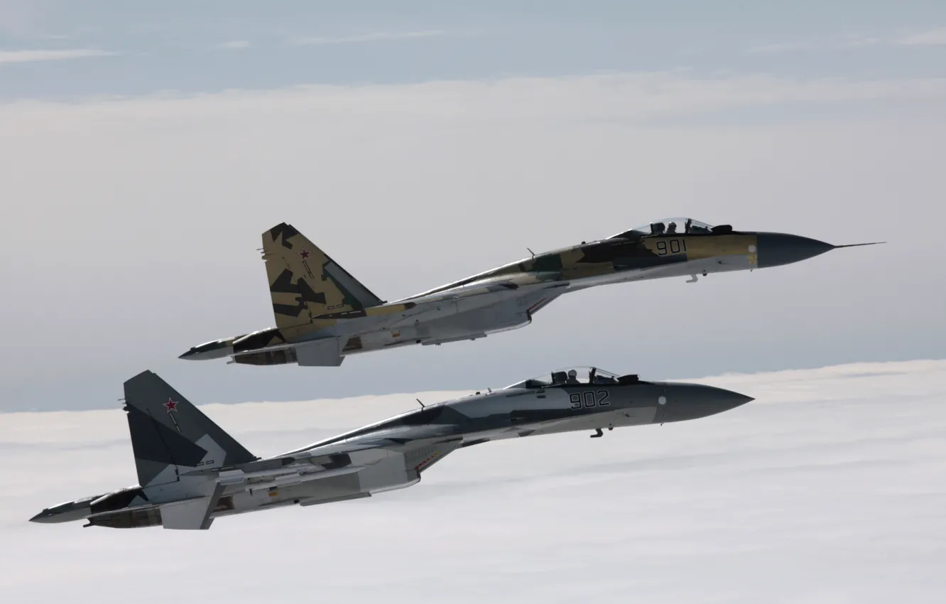 Фото обои Небо, Облака, Самолет, Полет, Истребитель, Высота, Су-35