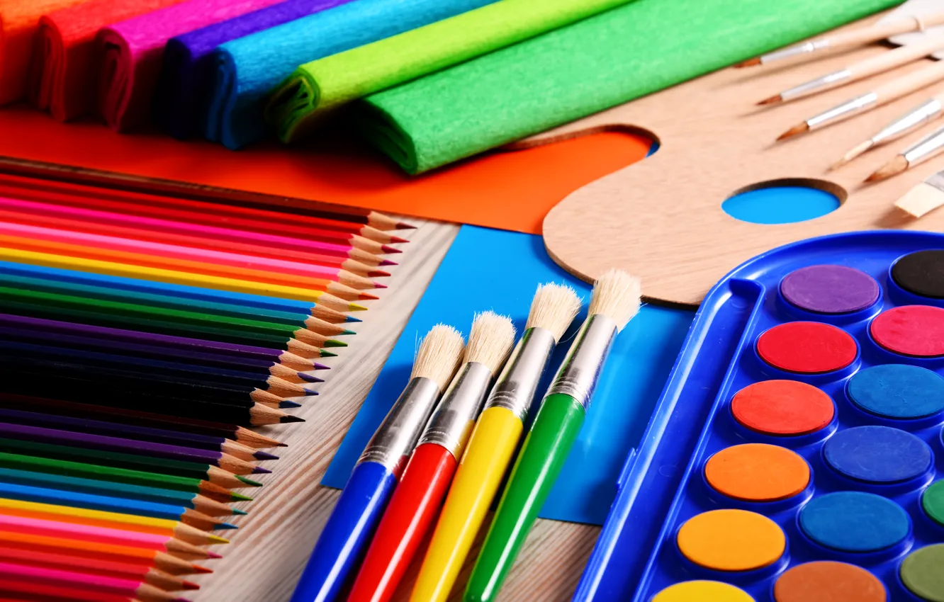 Фото обои цвета, краски, яркие, карандаши, разноцветные, кисточки