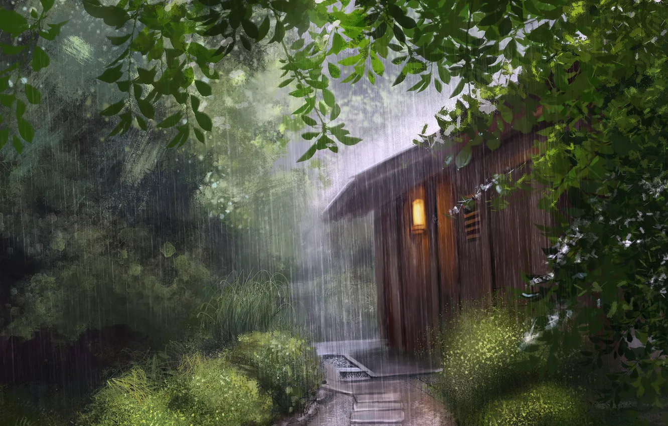 Фото обои лето, свет, дождь, листва, сарай, тропинка, кусты, art